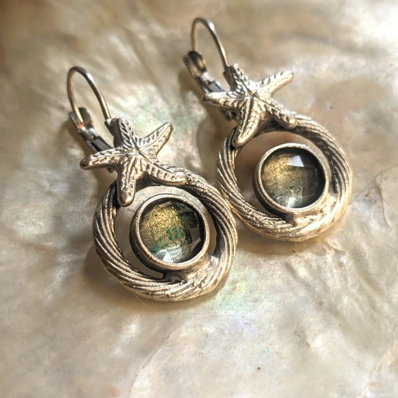 Genuine 1.7 Carat Prasiolite / Green Amethyst in Starfish Silver Plated Earrings - Picture 2 of 5